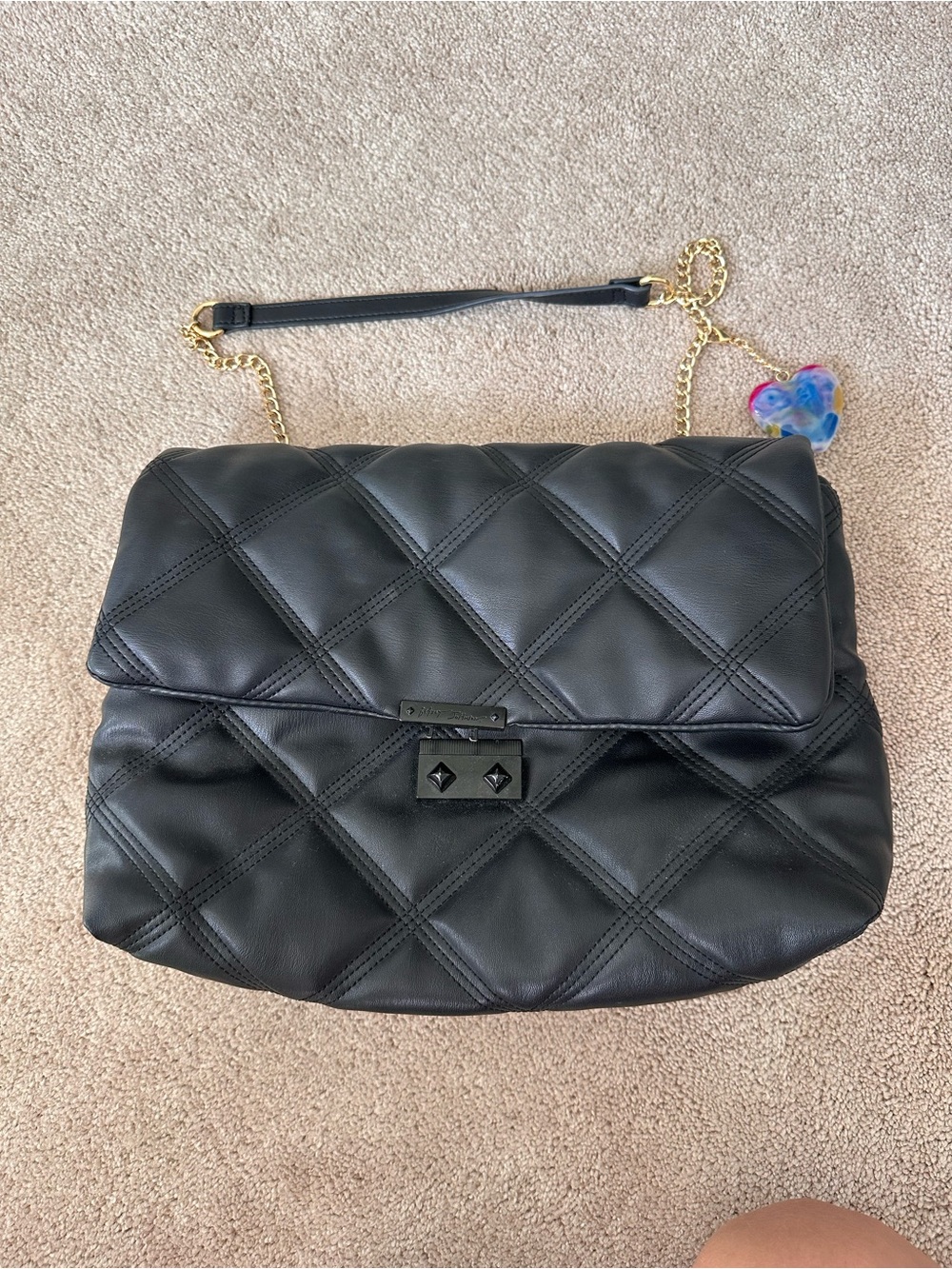Betsey Johnson Quilted Black Shoulder Bag with Gold Chain Strap